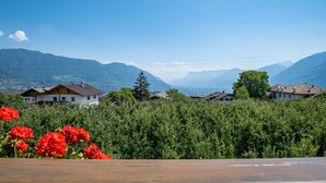 A residential area with houses, greenery, and mountains in the background. - Apartment "Wohnung 1" with Mountain View, Wi-Fi, Balcony & Garden (Dorf Tirol)