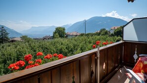 A balcony with a view of mountains, a wooden railing, and a table with a chair. - Apartment "Wohnung 1" with Mountain View, Wi-Fi, Balcony & Garden (Dorf Tirol)