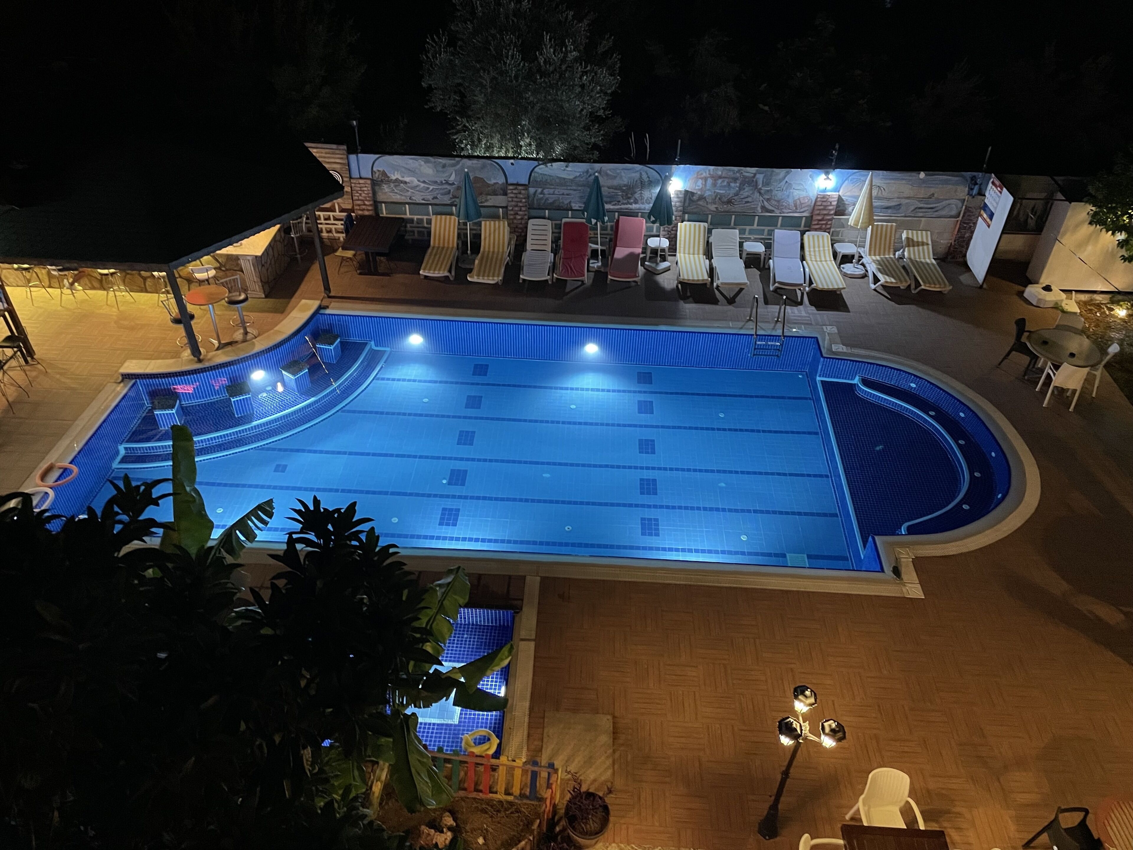 Piscina con sillones de descanso y sombrillas, rodeada de un  área ajardinada con plantas en macetas y una terraza de madera.