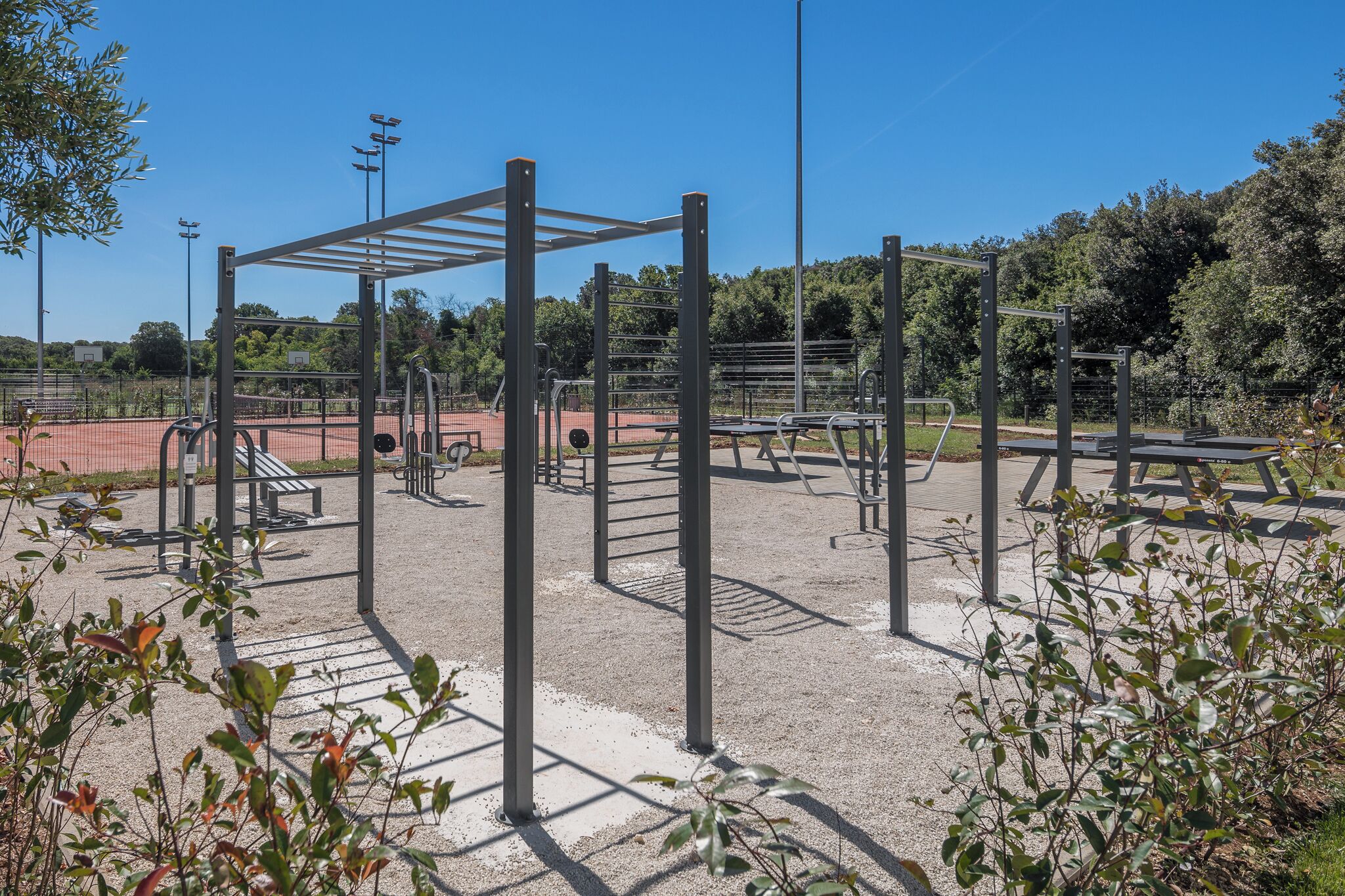 Une salle de sport en plein air, équipée de divers appareils d’exercice, entourée d’arbres et baignée par un ciel dégagé.