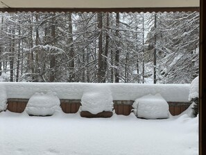 A view through a window with a snow-covered wooden fence and trees in the background. - Charming 4-room apartment for 6 at slopes' edge with wifi (Val-d'Isère)