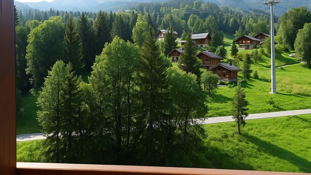 A view from a balcony overlooking a forested area with several wooden cabins and a road.