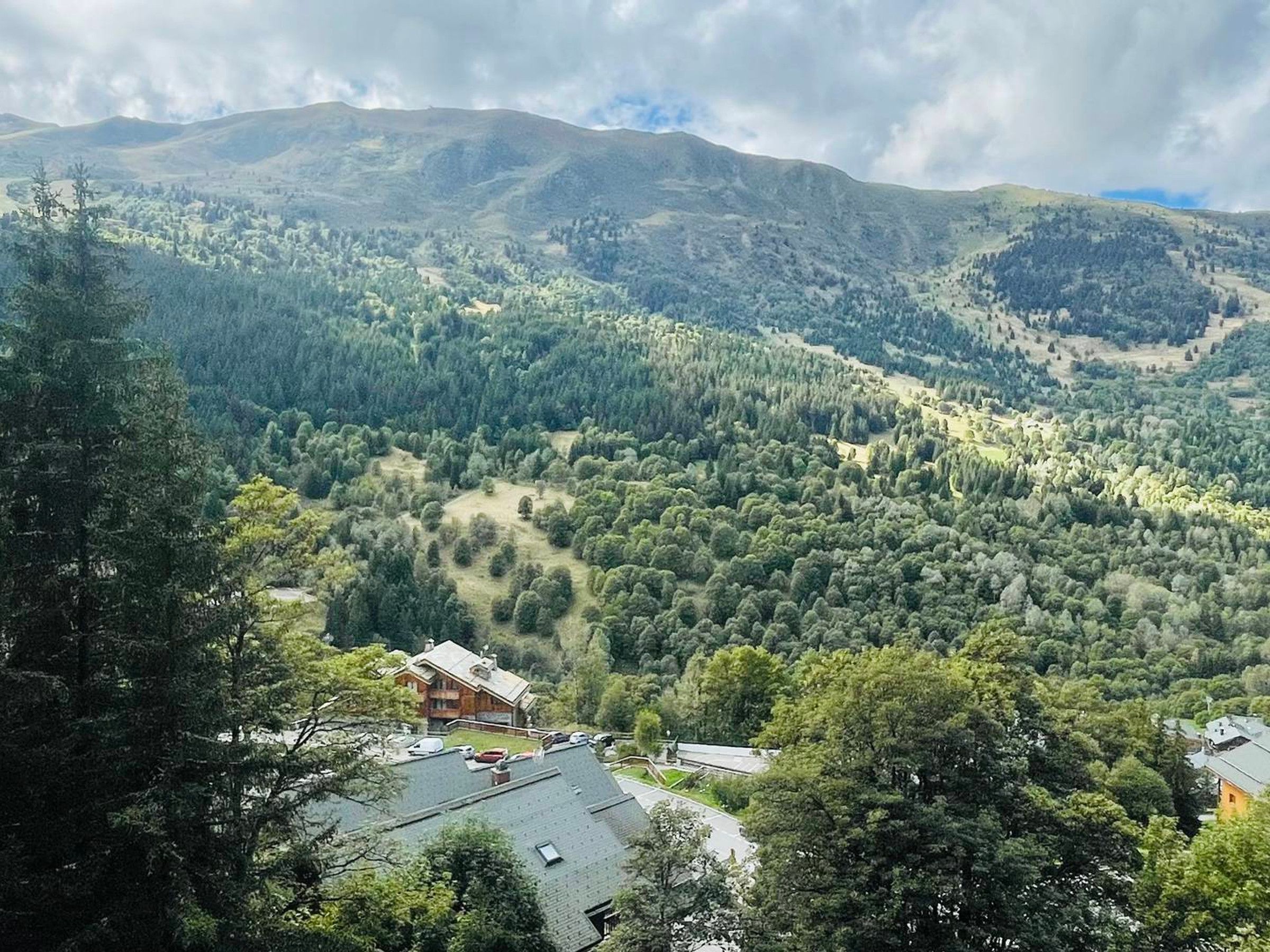 Un paisaje montañoso con una casa rodeada de denso bosque.