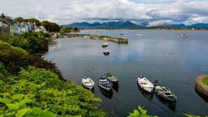 Ein ruhiger See mit vertäuten Booten am Ufer, umgeben von Grünflächen und Häusern.
