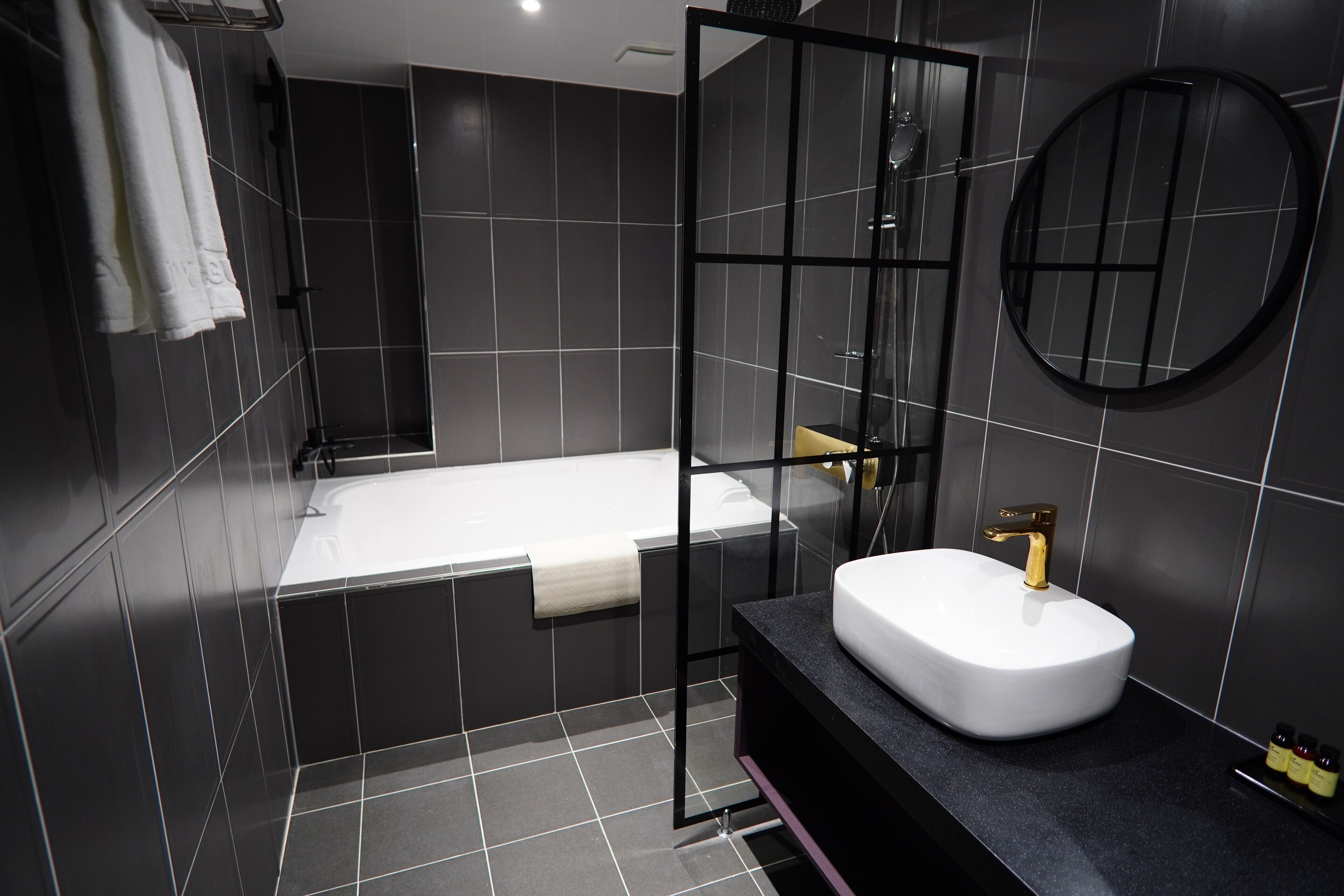 separate bathtub and shower, free toiletries, hair dryer, dressing gowns