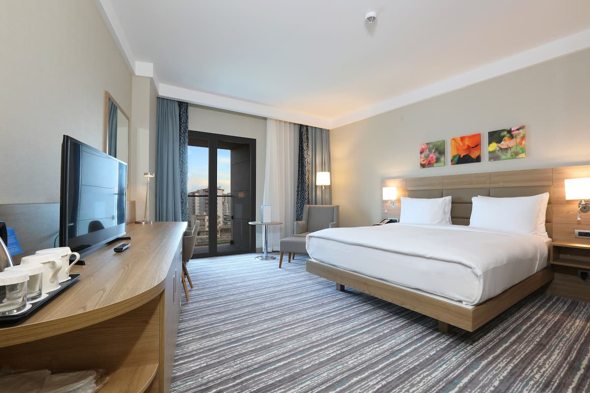 A hotel room with a large bed, a desk with a TV, and a view of the city through the window.