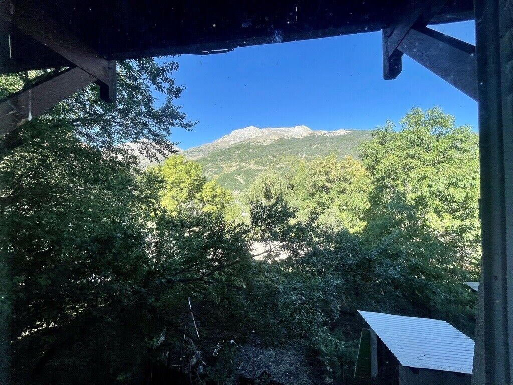 A view from a covered area with a mountain in the background, surrounded by dense foliage.