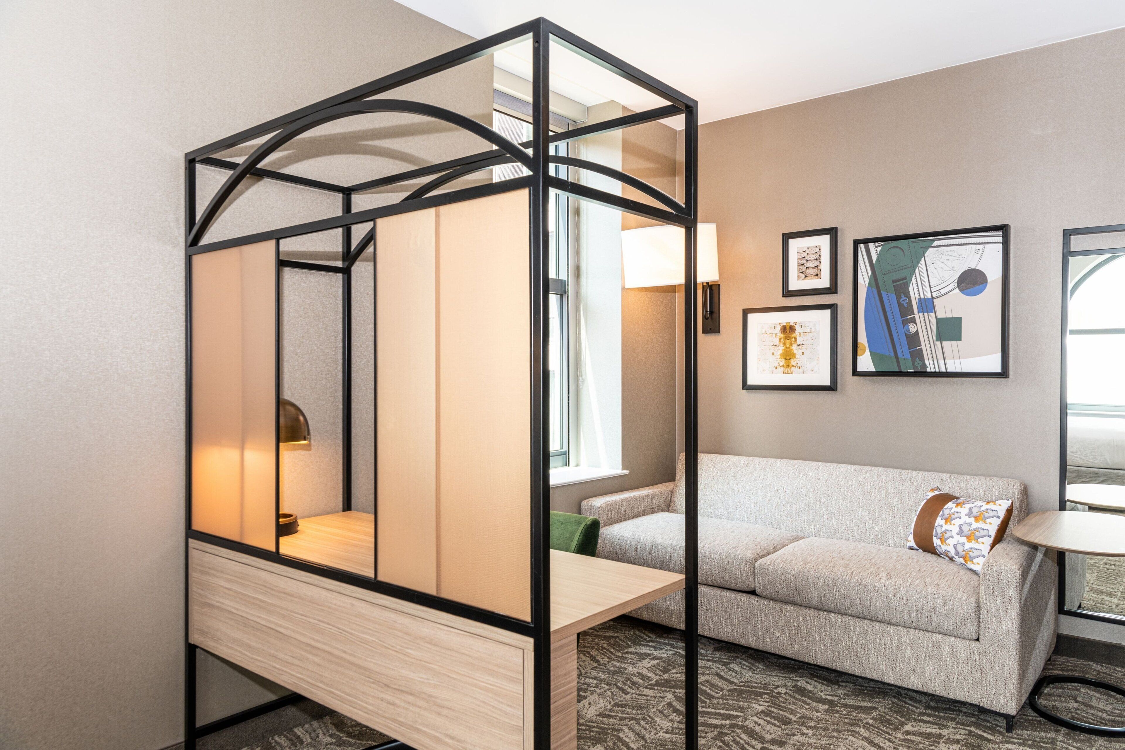 Desk, laptop workspace, iron/ironing board, free cribs/infant beds