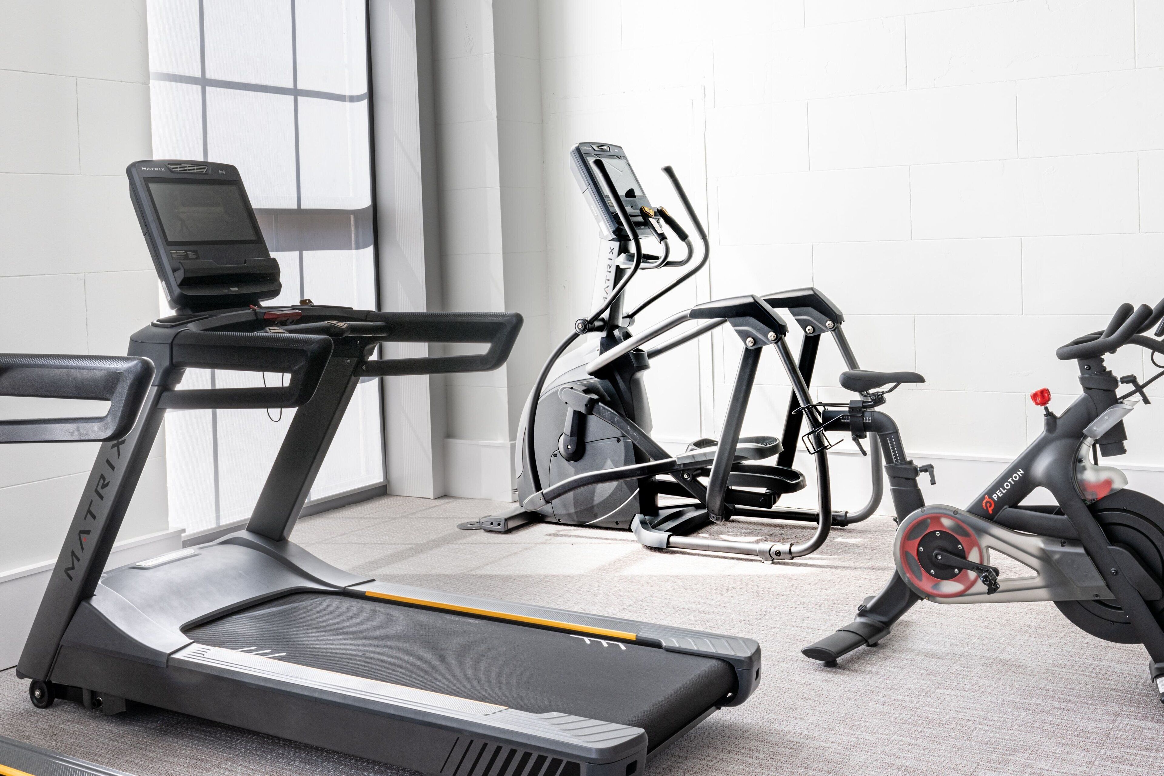 A gym with a treadmill, elliptical, and stationary bike.