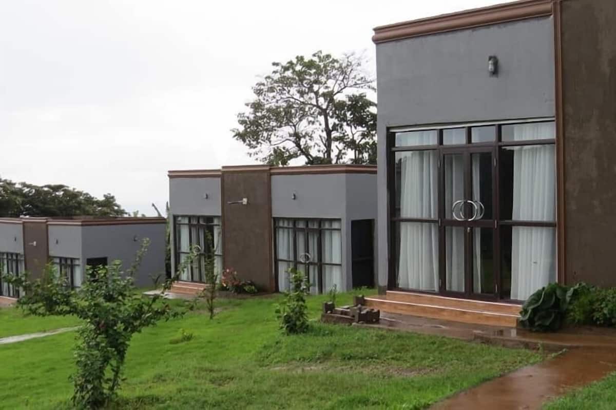 A row of modern, single-story buildings with large windows and a flat roof, surrounded by a grassy area with a few trees and plants.