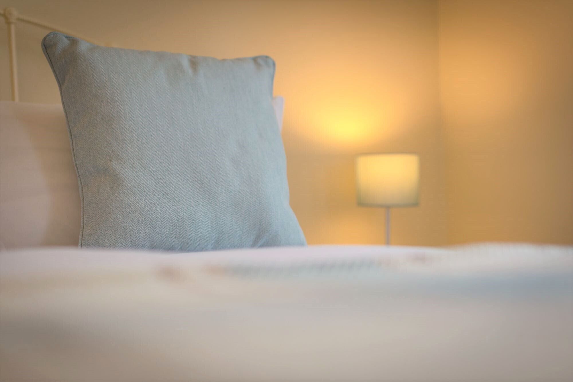 Un lit avec un oreiller et une lampe de chevet.
