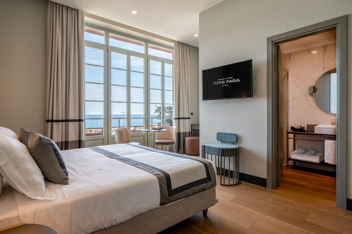Premier Double Room, 1 Bedroom, Terrace, Sea View | 2 bedrooms, Frette Italian sheets, premium bedding, down duvets