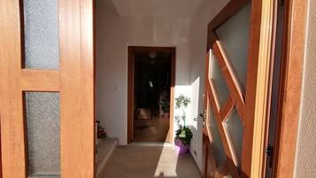 Un couloir avec des portes en bois, une plante en pot et un sol carrelé.