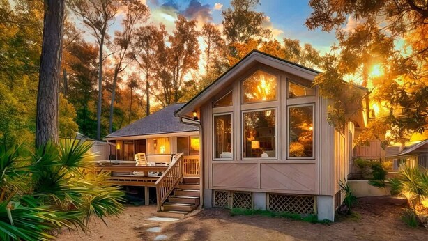 A house with a deck, a staircase, and a view of trees. - Stylish Sea Pines Home Hot Tub, Hilton Head (Hilton Head Island)