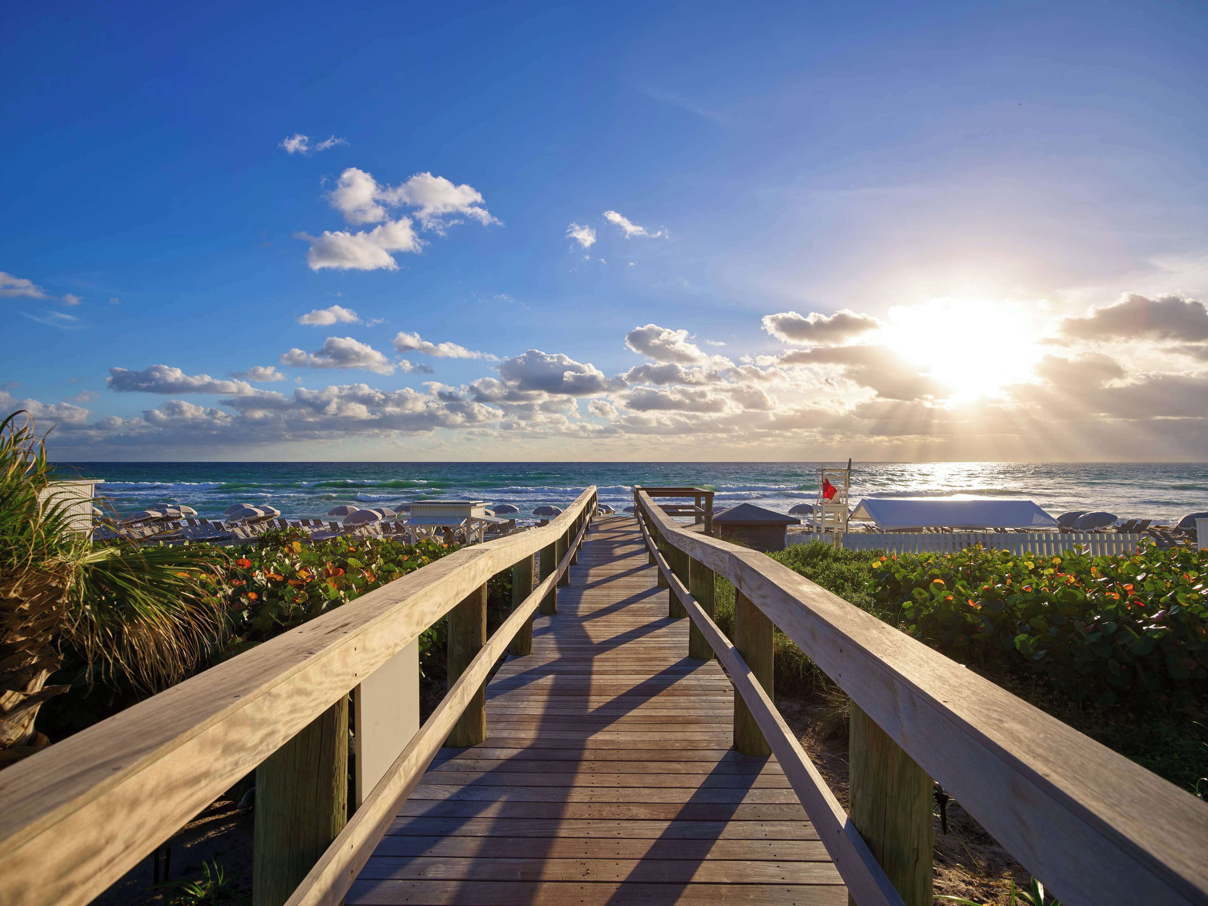 A wooden boardwalk leading to beach umbrellas and lounge chairs.