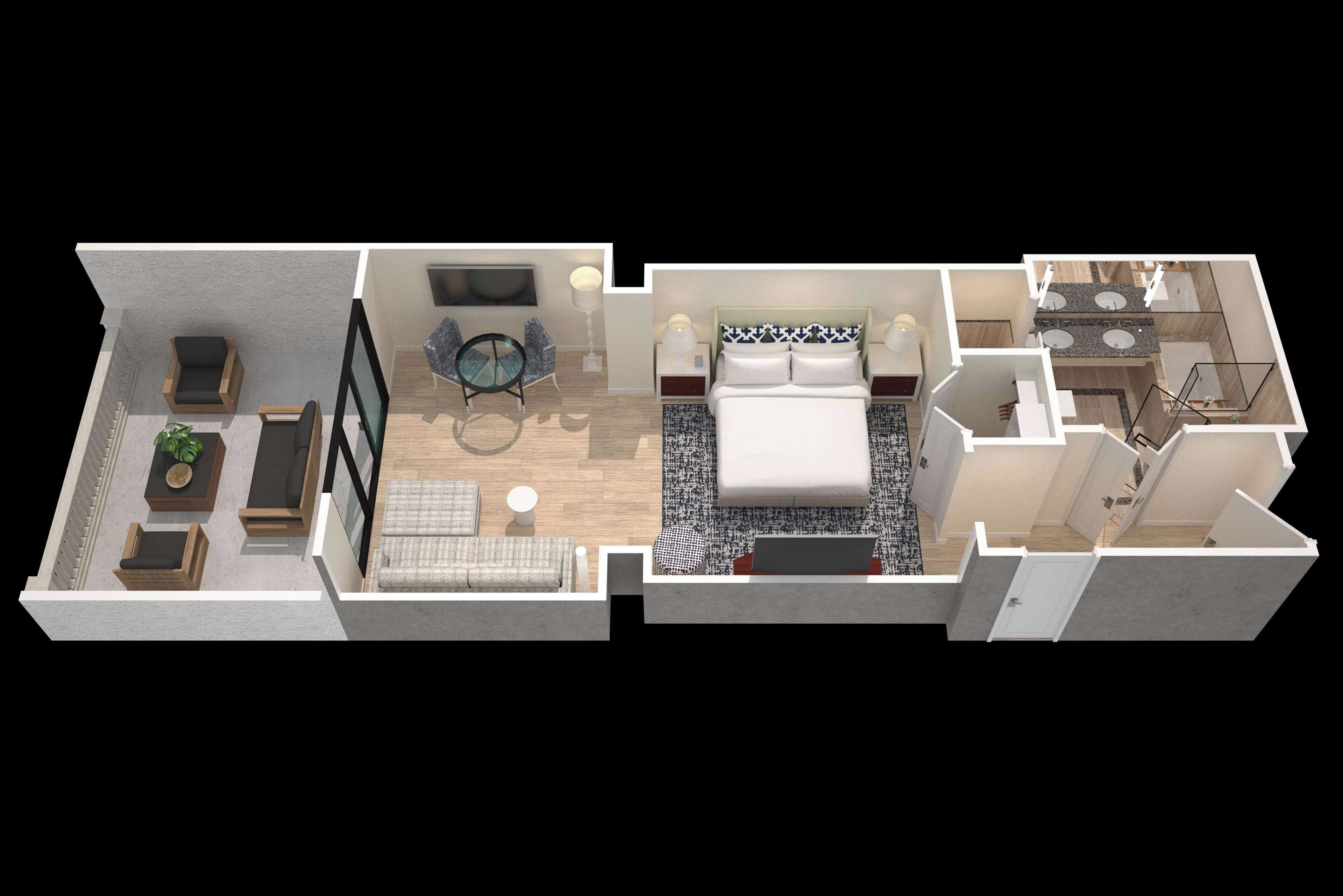 A 3D floor plan of a hotel room with a bed, seating area, TV, and a small kitchenette.