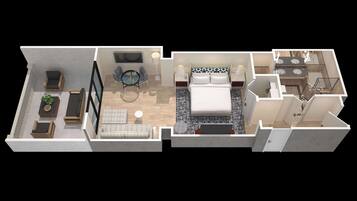 A 3D floor plan of a hotel room with a bed, seating area, TV, and a small kitchenette.
