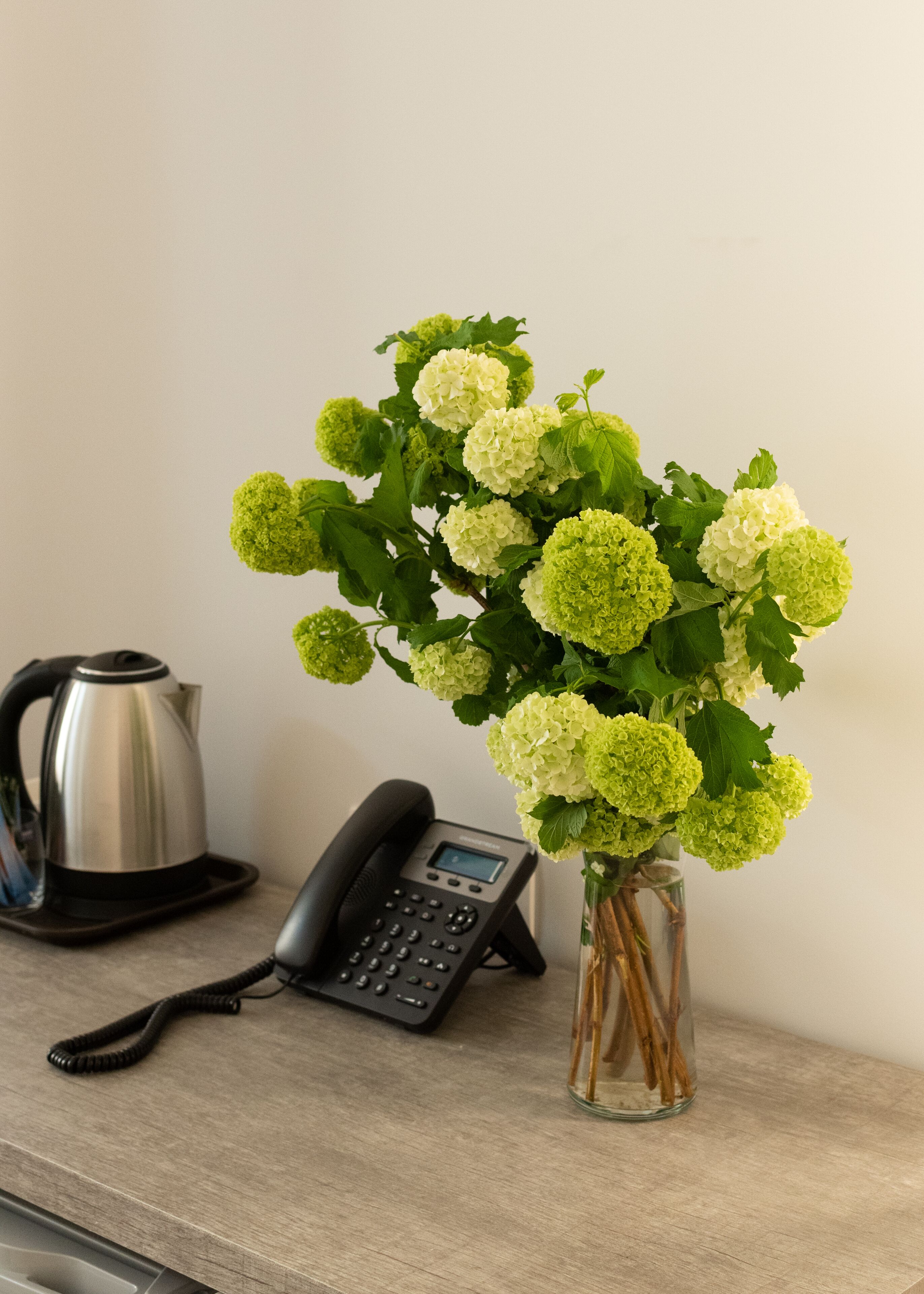 Un vase contenant des fleurs vertes et blanches, posé sur une surface en bois, à côté d’un téléphone et d’une bouilloire.