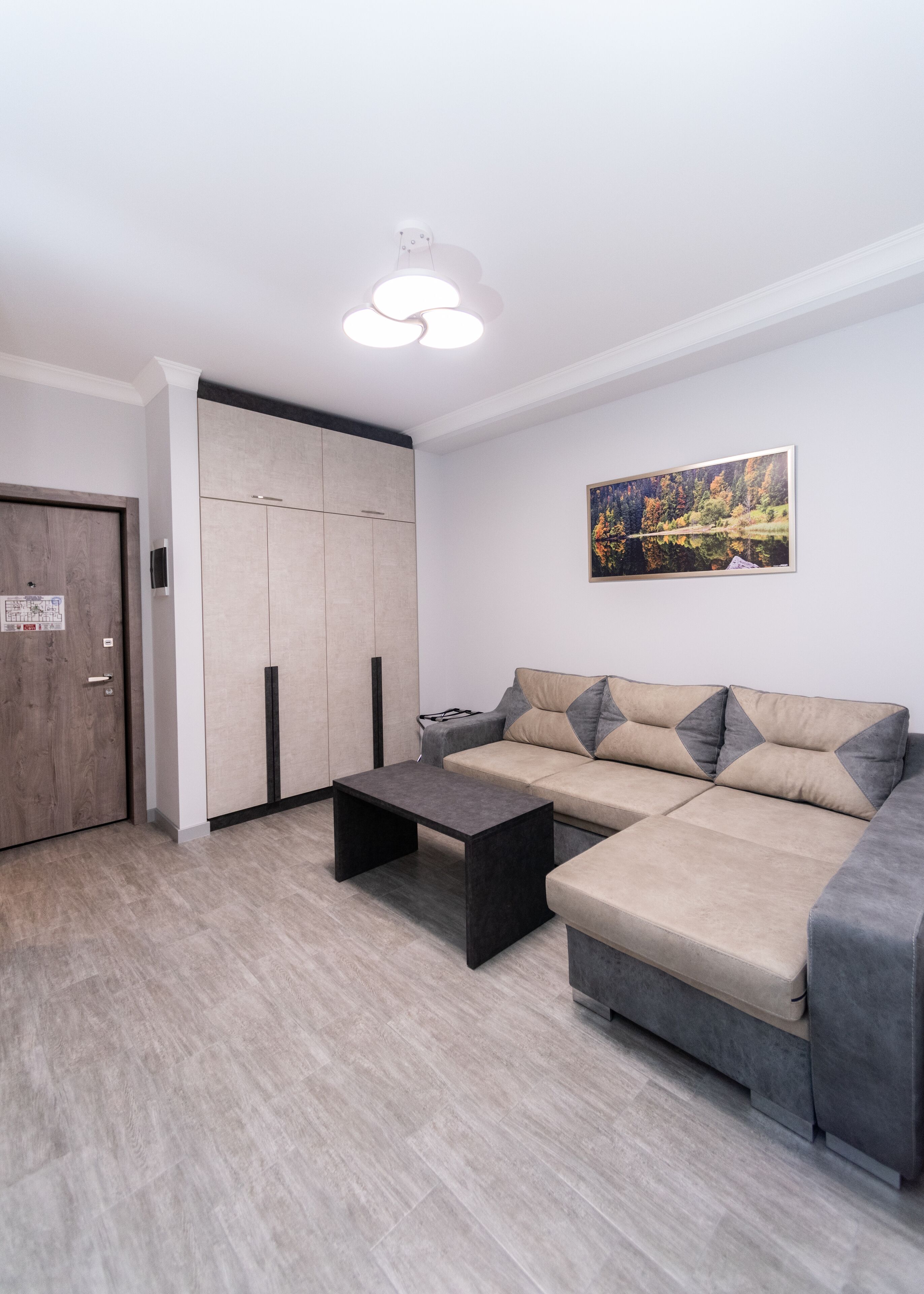 Ein modernes Wohnzimmer mit Sofa, Couchtisch, Kleiderschrank und einem Gemälde an der Wand.