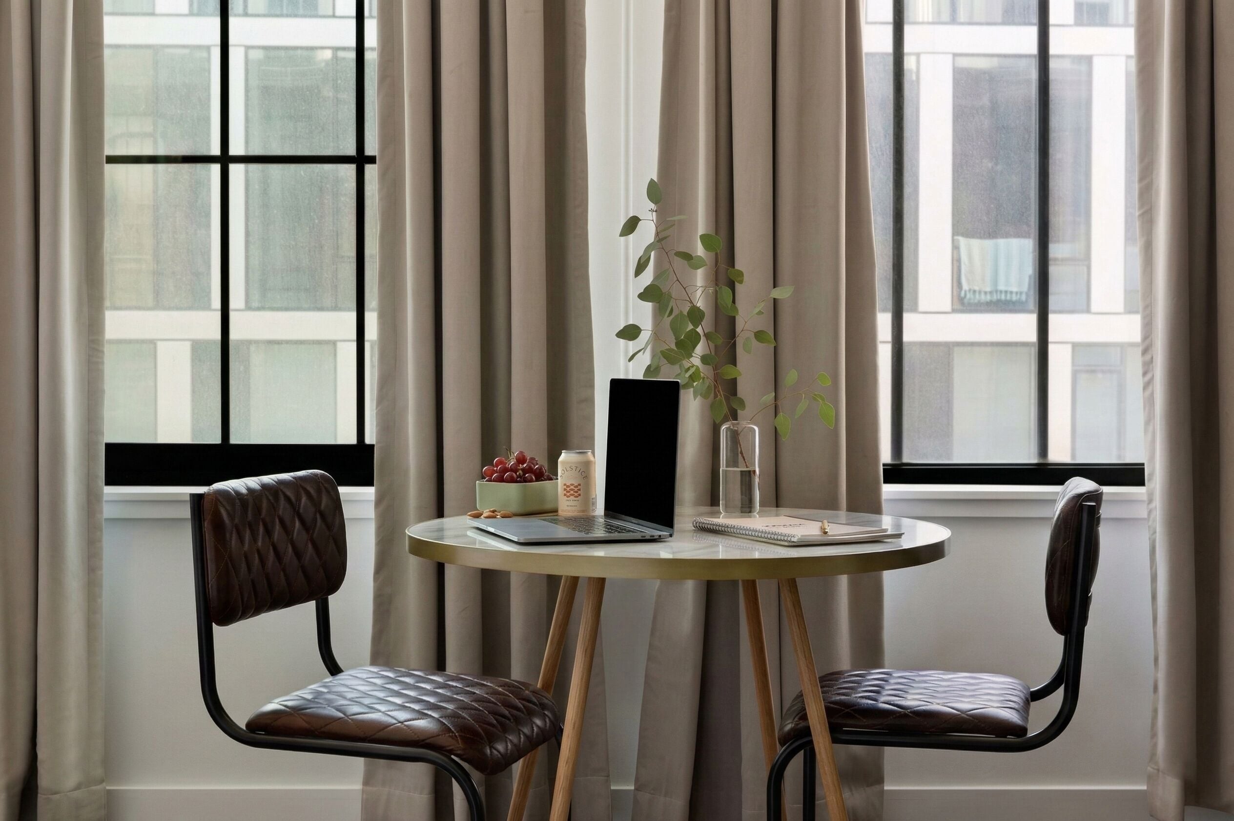 A room with a round table, two chairs, a laptop, a notebook, a glass of water, a plant, and a bowl of fruit.