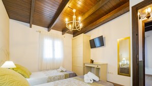 Habitación de hotel con dos camas, televisión, espejo y techo de madera.