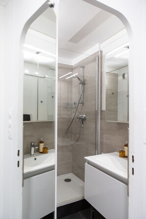 Douche, séchoir à cheveux, serviettes fournies, shampooing