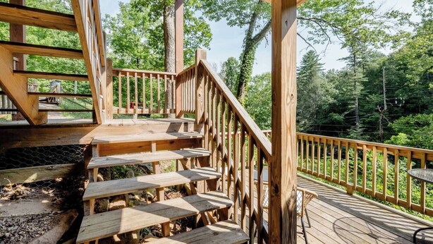 Un pontile in legno con una scala che conduce a un livello superiore, circondato da alberi.
