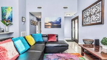 Smart TV, fireplace, DVD player, music library