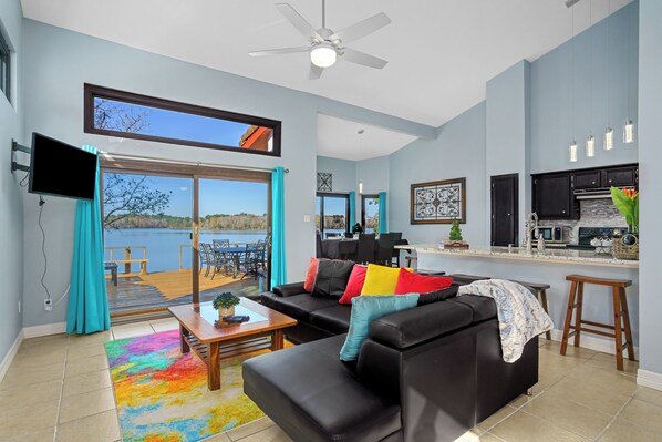 Smart TV, fireplace, DVD player, music library