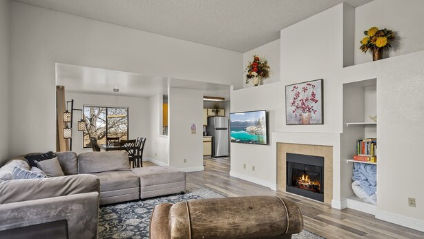 Una sala de estar moderna con chimenea, un sofá, una mesa de centro y un televisor.