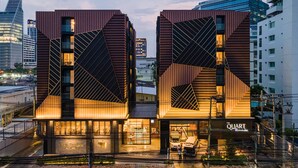 Een modern gebouw met een geometrisch gevelontwerp, bestaande uit twee opvallende verticale delen met diagonale lijnen en een centrale ingang.