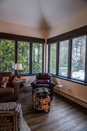 Smart TV, fireplace, books