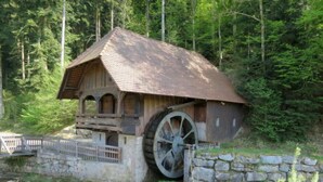 Eine hölzerne Wassermühle mit einem großen Wasserrad, umgeben von üppiger Vegetation und einer Steinmauer.