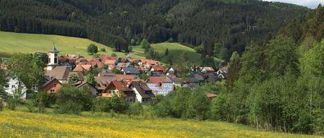 A rural village with traditional houses, a church, and a field of yellow flowers.