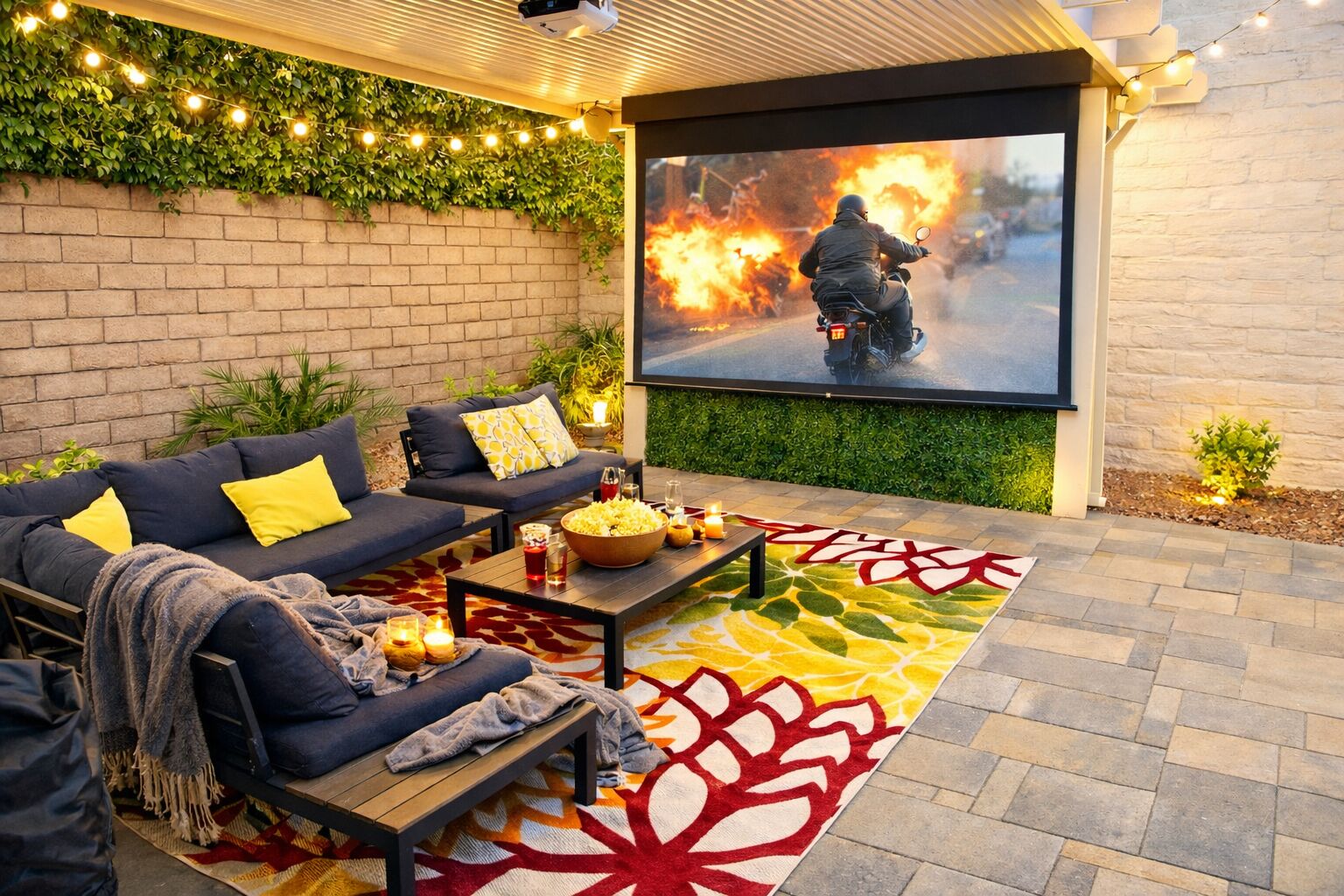 An outdoor patio with a sofa, coffee table, and a large screen displaying a movie.