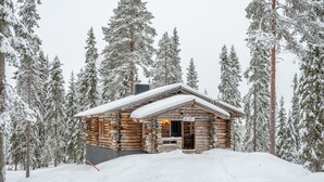 Een blokhut met een sneeuwbedekte dak, omringd door hoge altijdgroene bomen.