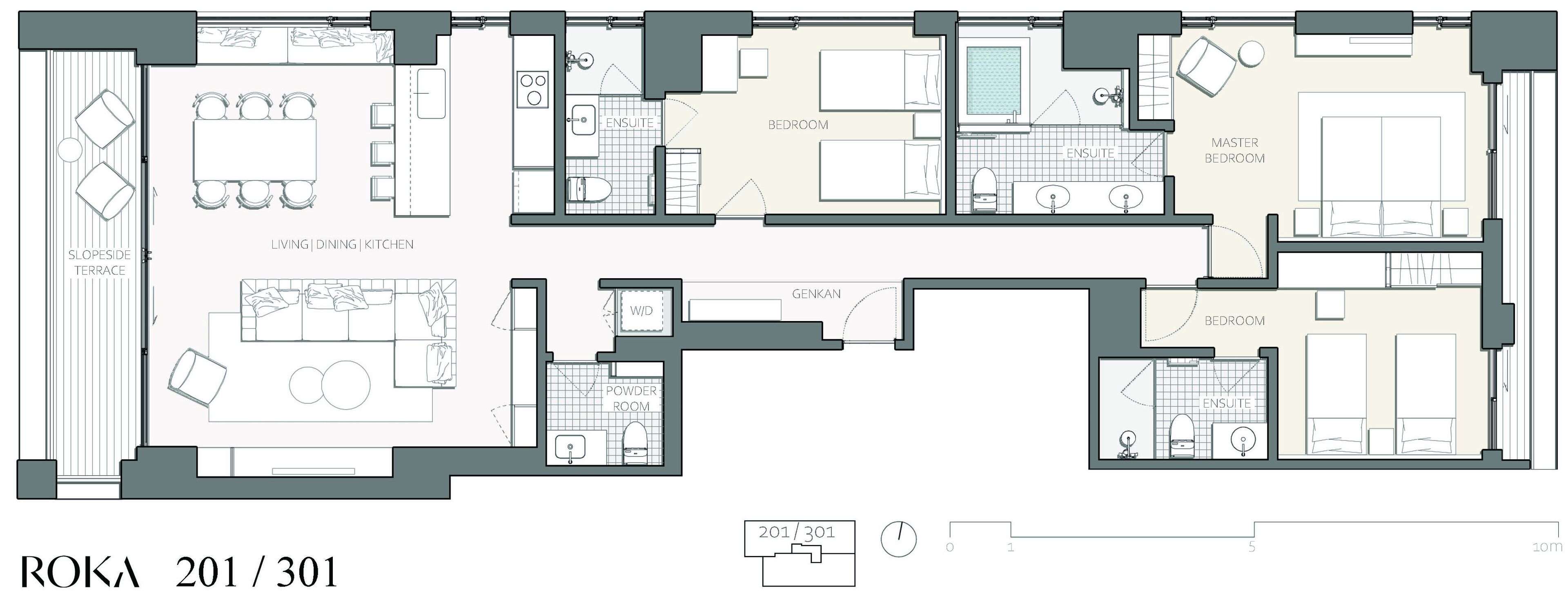 A floor plan of a hotel with a living area, dining, kitchen, bedrooms, and a powder room.