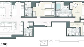 A floor plan of a hotel with a living area, dining, kitchen, bedrooms, and a powder room.