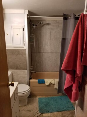 Kombination af bruser/badekar, miljøvenlige toiletartikler, hårtørrer