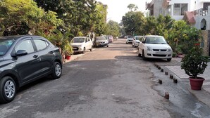 Eine Wohnstraße mit parkenden Autos und Kübelpflanzen entlang des Gehwegs.