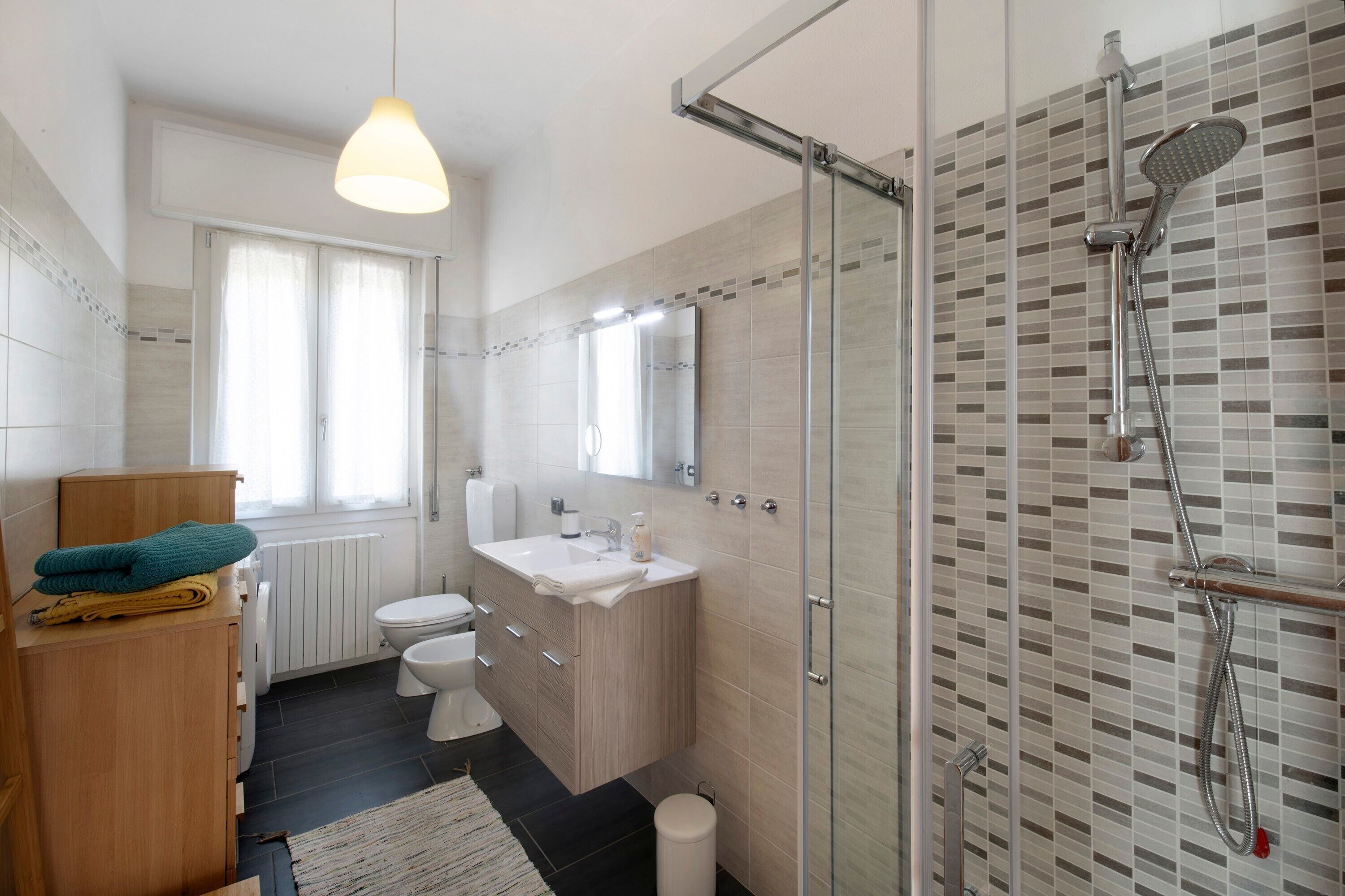 Shower, hair dryer, towels