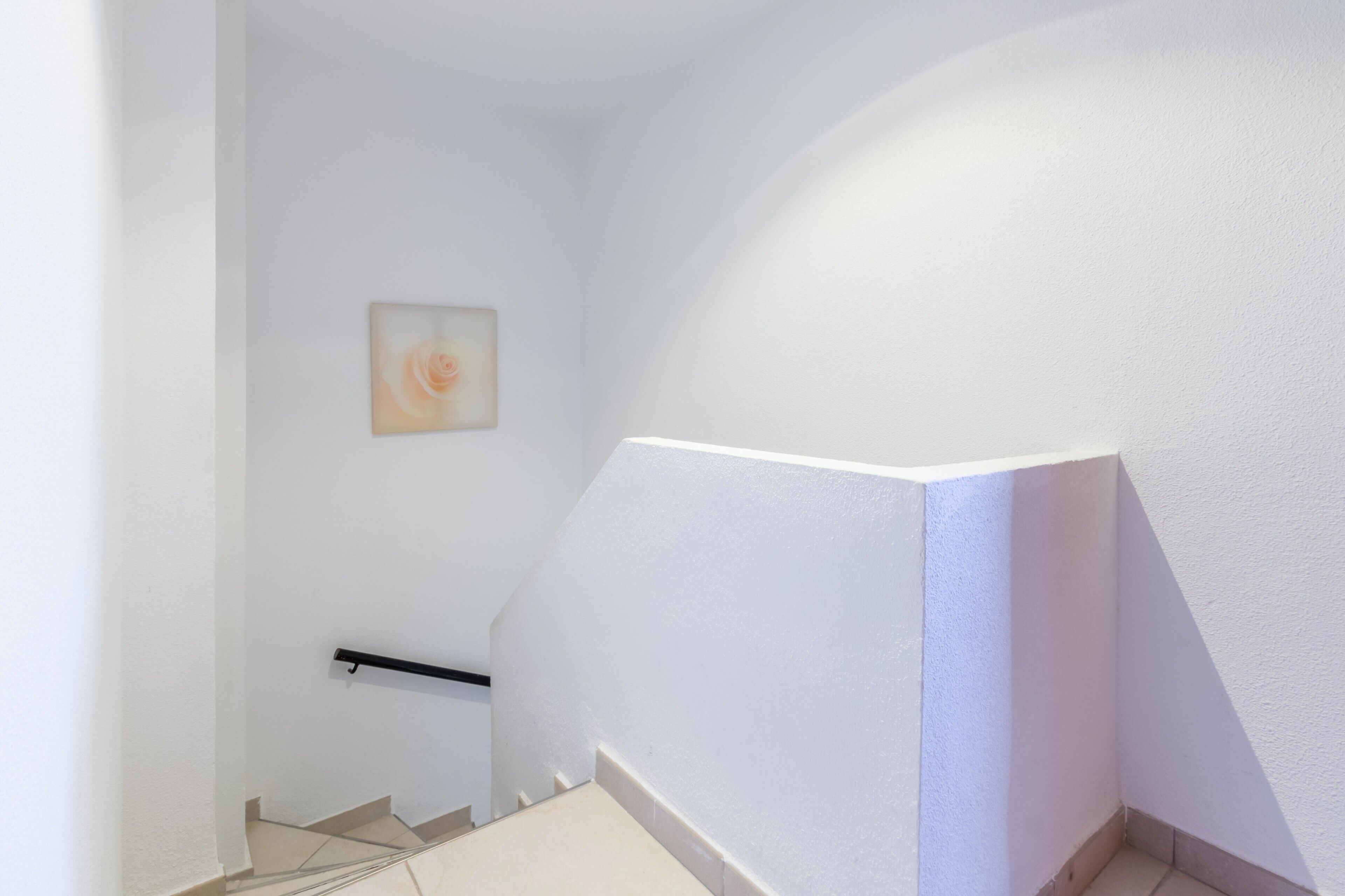 Un rincón de una habitación con una pared blanca, un cuadro pequeño enmarcado y una barandilla negra.