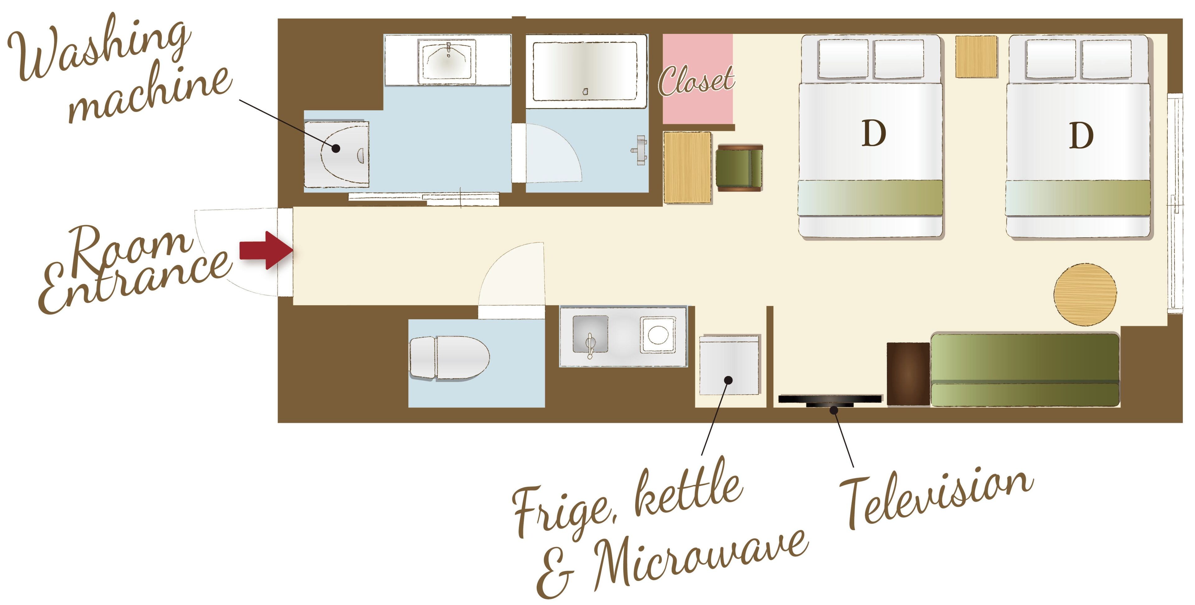 A hotel room layout with a washing machine, closet, kitchenette, and television.