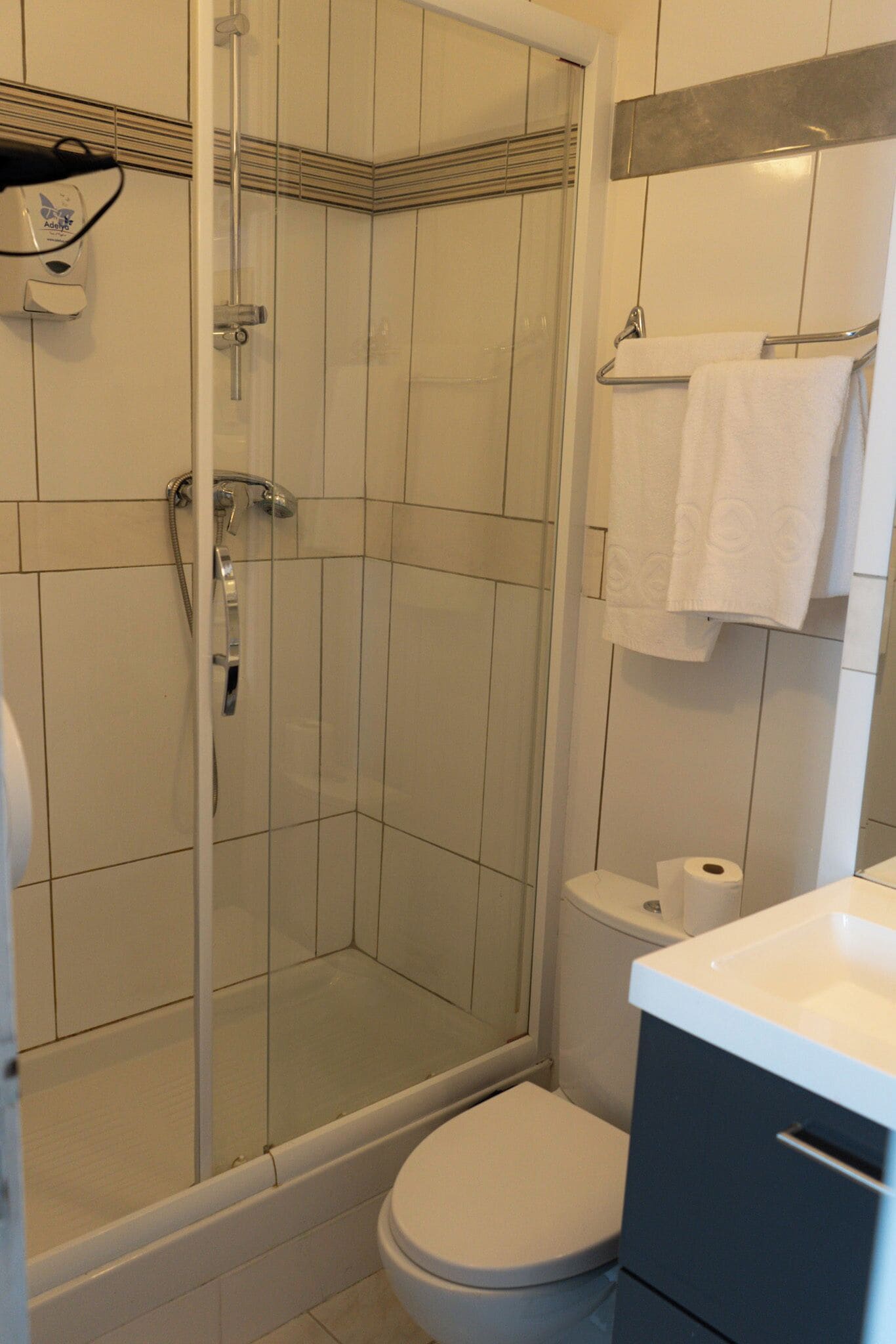 A modern bathroom with a glass-enclosed shower, a toilet, and a vanity with a towel rack.