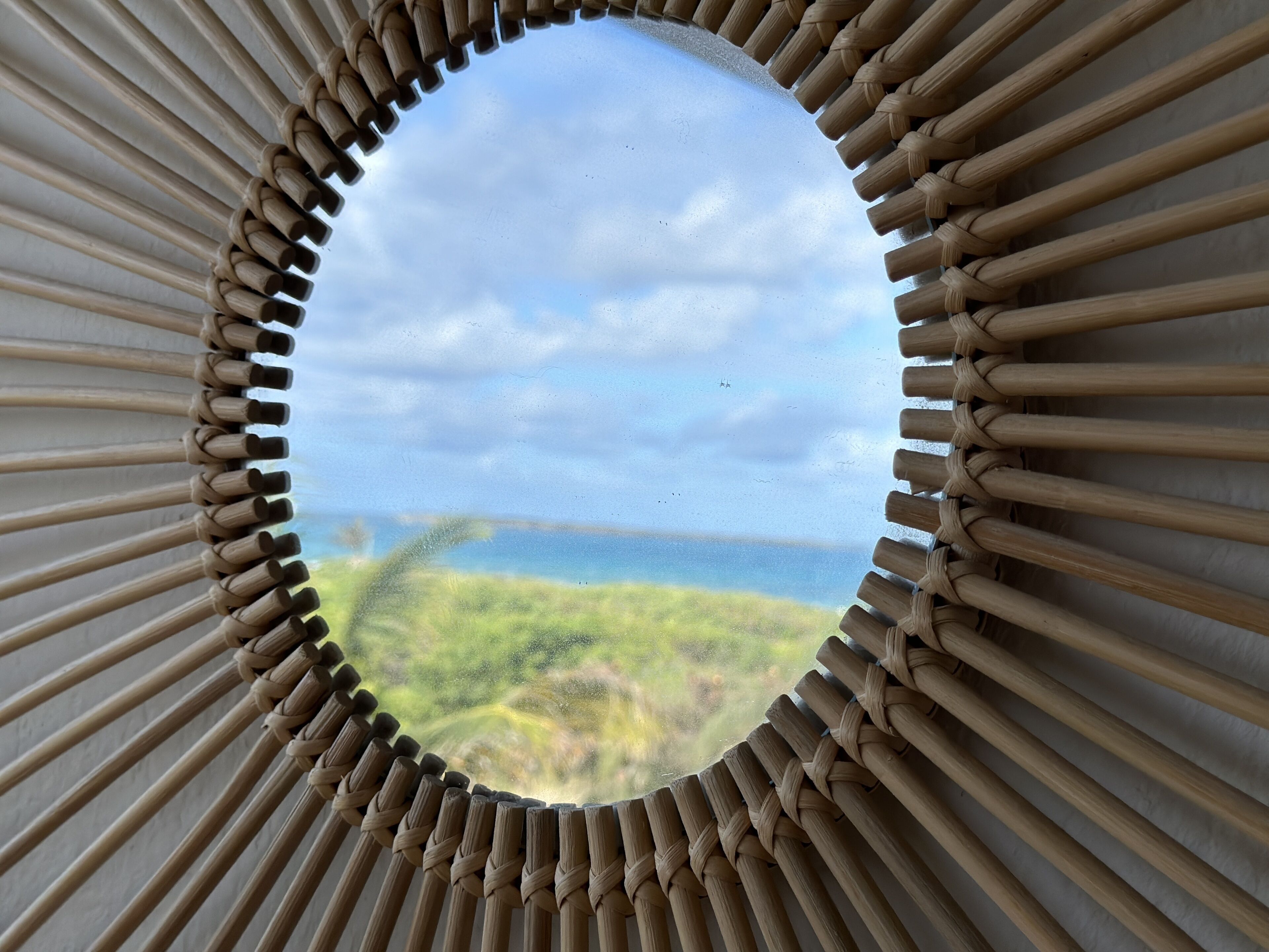 A circular window with a view of a landscape through a woven frame.