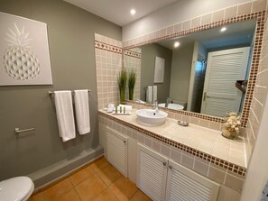 Shower, hair dryer, towels