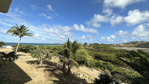 A tropical landscape with palm trees, a dirt path, and a view of the ocean and hills in the distance. - Caribbean Escape - View Orient Bay and St Barth, pool and beach - 4217 (Orient Bay)