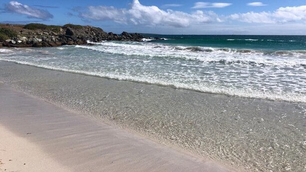Una playa con agua azul cristalina, una orilla arenosa y afloramientos rocosos.
