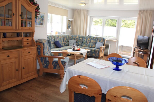 Televisio, takka, DVD-soitin, pöytätennispöytä