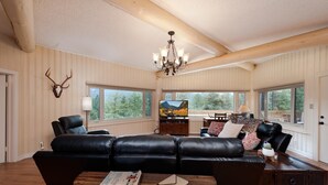 A spacious living room with a black leather sofa, a wooden coffee table, and a television. - Three Pet Friendly cabins on 3.5 Acres -  Hot Tub/Views - 14 minutes to Purg (Durango)